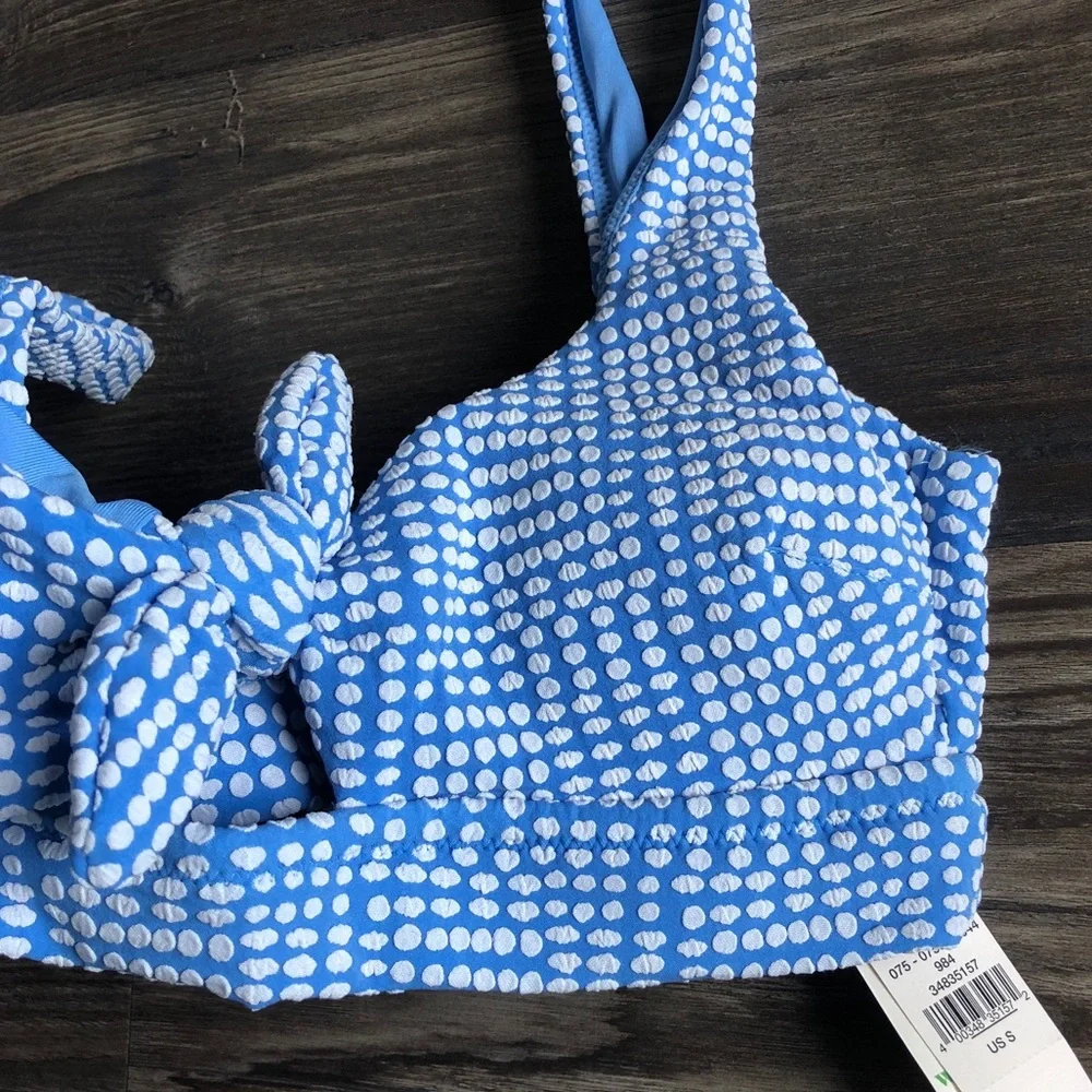 NWT Aerie Scoop Knot Front Bikini Top Blue White Jacquard Polka Dot